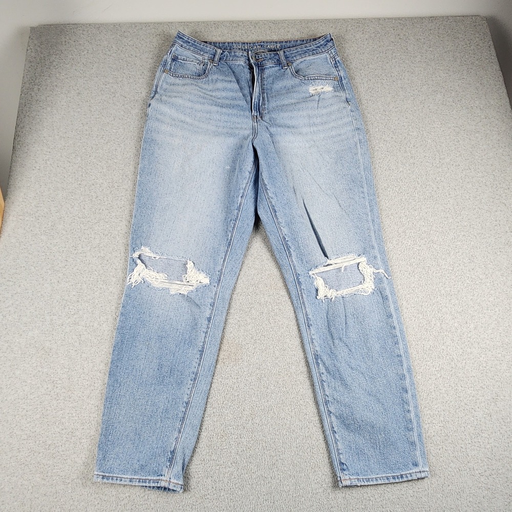 American Eagle Mom Jeans Womens 14 Blue Distressed Comfort Stretch Waistband